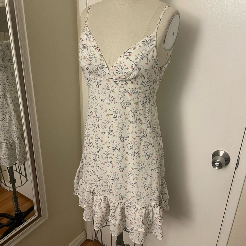 NWT new with tags Aqua white floral dress with ruffle hem and adjustable straps